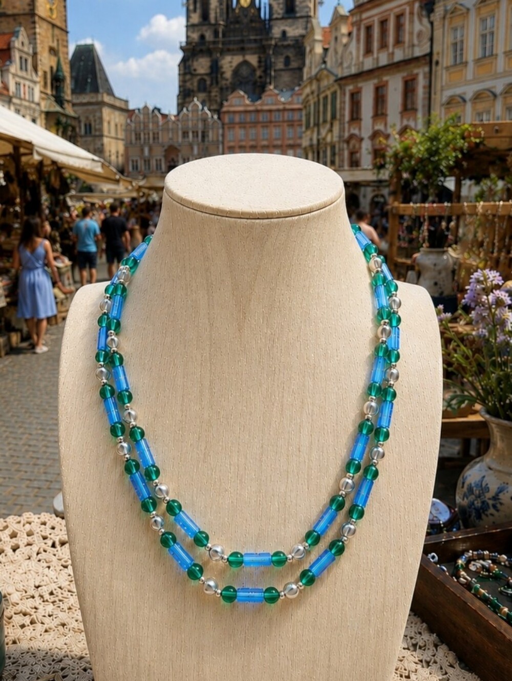 Czech Republic Blue Tube Green Light Amethyst Vintage Dual Strand Necklace NWT